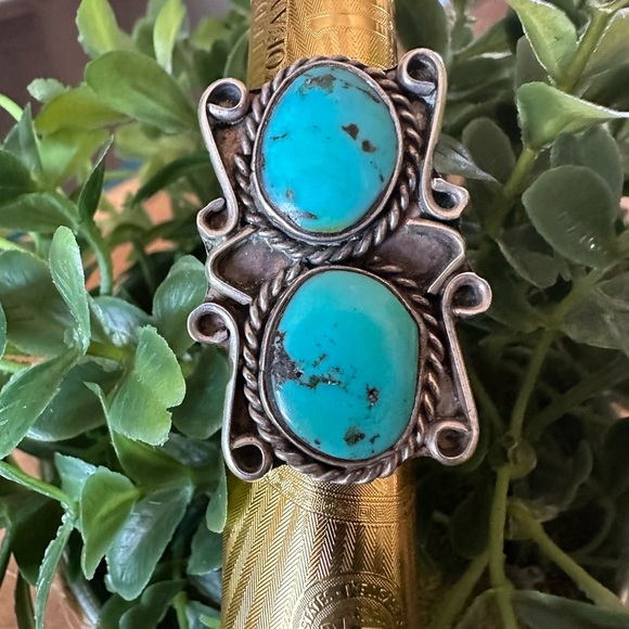 Vintage Sterling Silver Turquoise Double Stone Knuckle Buster Ring NA Size: 8 - Picture 2 of 10